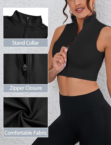 FEOYA Sleeveless Zip-Up Crop Top